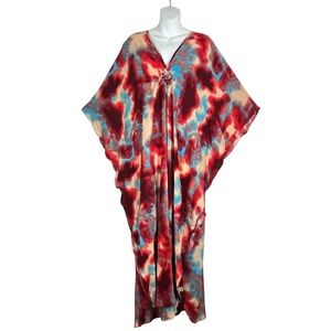 Boho Tie Dye Red Blue Resort Lounge Caftan Maxi Dress One Size